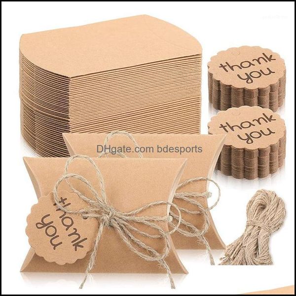 Gift Wrap Event Party Supplies Festive Home Garden 150 pièces Kraft Paper Pillow Box Kit Candy Mariage Faveur avec remerciement Tag and Twines