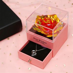 Cadeau Wrap Boîte à fleurs éternelle Simulation Rose avec Love You Collier en 100 langues Ensemble pour cadeaux de la Saint-Valentin WomanGift