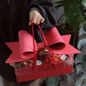 Emballage cadeau Boîte de fleurs et de fruits Rose rouge avec Bowknot PVC Transparent Portable Emballage de gâteau pliant en gros 231121