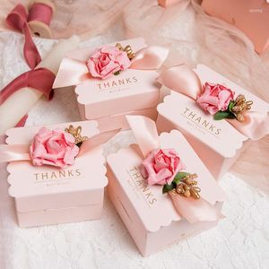 Emballage cadeau fleur boîte à bonbons carré Rose ruban papier sac fête cadeaux de mariage pour les invités romantique arc présent emballage boîtes cadeau