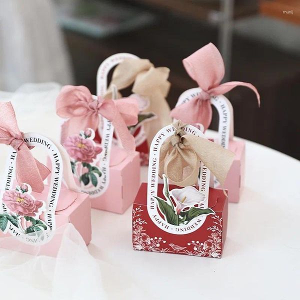 Envoltura de regalo Tema de flores Favor de boda y regalos Bolsa portátil Caja de dulces DIY con decoración de cinta Recuerdos Suministros para fiestas