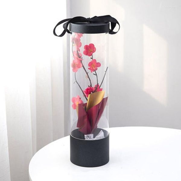 Envoltura de regalo Caja de envoltura de flores Cilindro transparente de PVC Caja de ramo de una sola rosa para el Día de San Valentín Cumpleaños Embalaje floral 667A