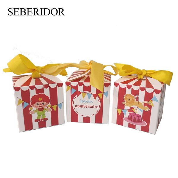 Envoltura de regalo Joyeuse Anniversaire Party Favor Mini Square Red Candy Box Impreso Circo Payaso para niños Boy Girl Cumpleaños Eventos Decoración 230828