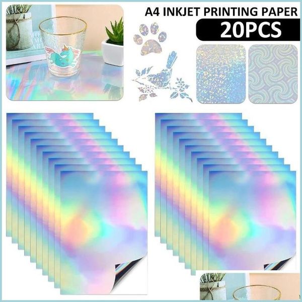 Cadeau Wrap Cadeau Cadeau 20pcs Papier autocollant holographique imprimable pour imprimante à jet d'encre A4 Rainbow Sèche rapidement étanche DIY Drop Deliv Dh0Hj