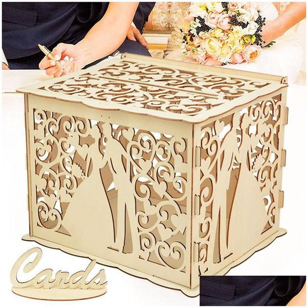 Envoltura de regalo Envoltura de regalo Cajas de tarjetas de boda Mr Mrs Caja de caja de dinero de pareja de madera con cerradura Rústico Beautif Favor de fiesta Decoración Birthda Dhpm5