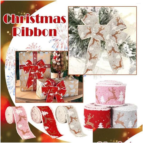 Emballage cadeau Emballage cadeau Bijoux Dstring Pochette 3 pcs Ruban de Noël Décorations de bord filaire 6,5 cm Lin imprimé Elks Camouflage Wrappin DH Dhhml