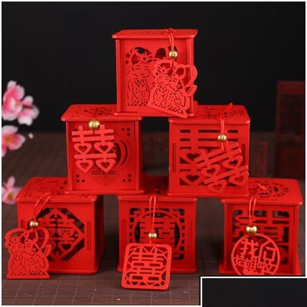 Emballage cadeau Emballage cadeau De nombreux styles en bois chinois double bonheur boîtes de faveur de mariage boîte de bonbons boîte à sucre classique rouge avec gland 6.5x6 Dhrti