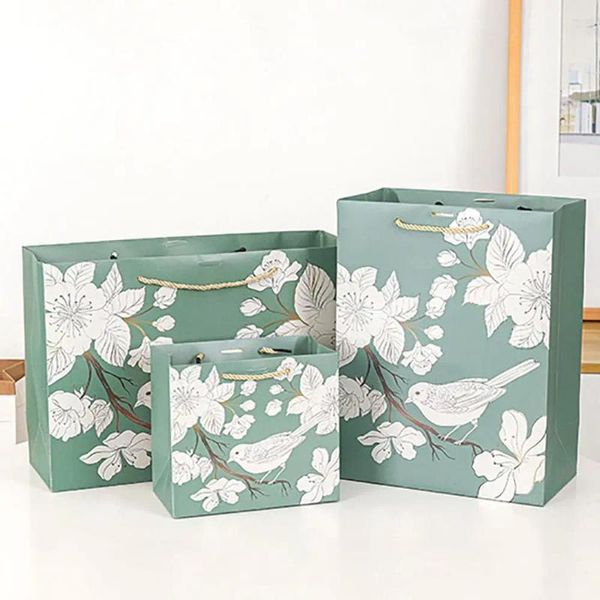 Bolsa de papel verde de regalo Bolsa Handhold Creative engrosamiento de la impresión de lujo Floral Bird con compras de envoltura de cinta