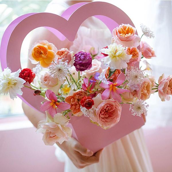 Enveloppe cadeau coeur coeur portable Boîte à fleurs rose sac enveloppement de bouquet panier de papier de fleuriste de fleuriste