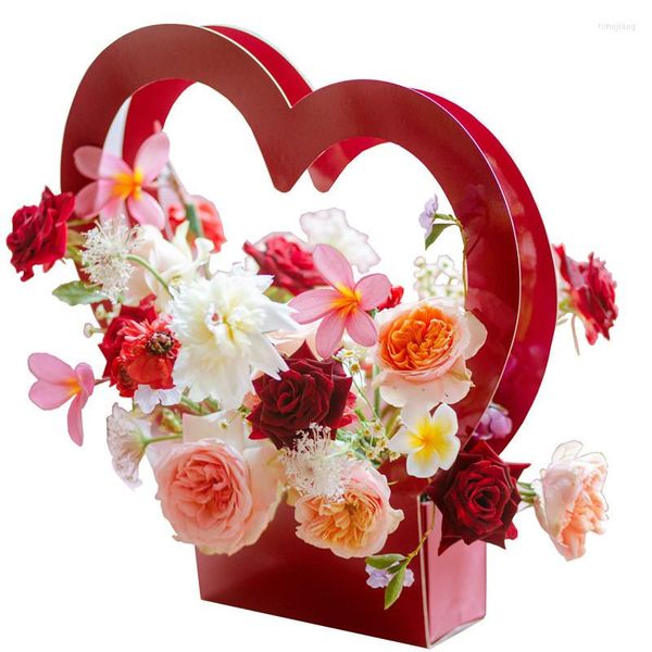 Envoltura de regalo en forma de corazón, caja de flores portátil de mano, bolsa de papel, embalaje para decoración de fiesta de boda, estuche práctico de floristería