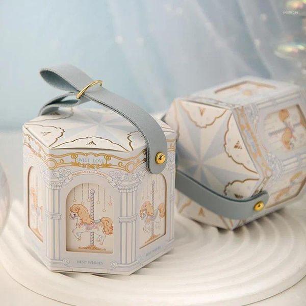 Boîte de bonbons Hexagon enveloppant avec poignées en cuir Boîtes de carrousel portable pour le festival de mariage Fourniture de fête d'anniversaire DÉCOR