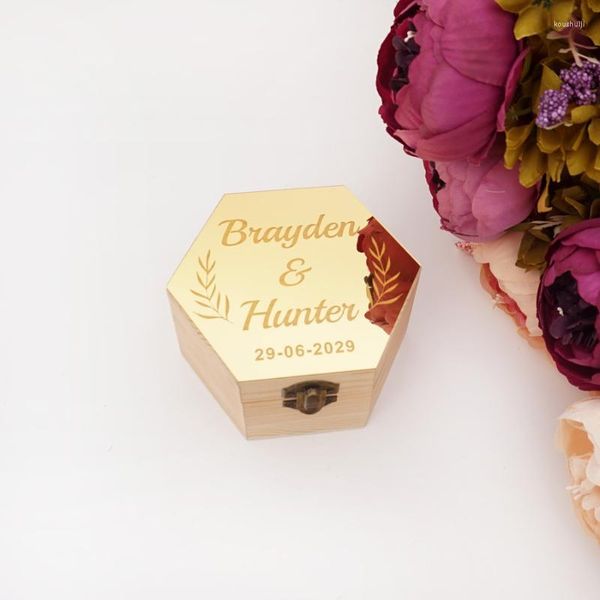 Envoltura de regalo Caja de forma hexagonal con cubierta de espejo Nombre personalizado Cajas de madera rústica Memoria de boda Titular de caramelo Decoración de exhibición