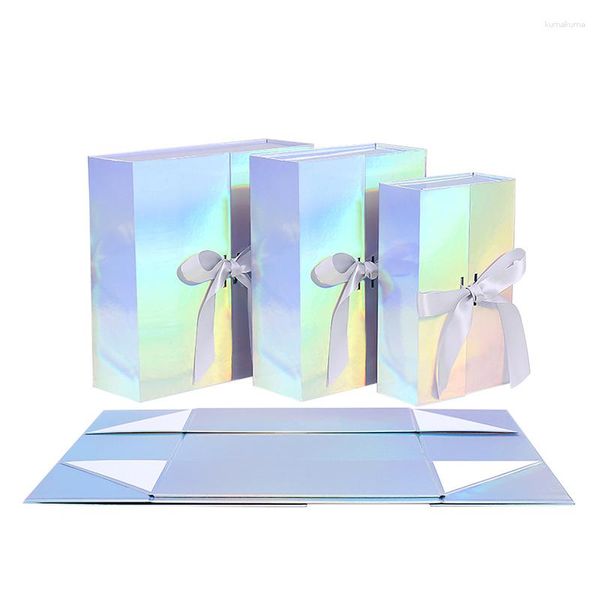 Caja holográfica de regalos con tapa magnética de doble cara para la dama de dama de honor Propuesta de la propuesta de la cinta del presente logotipo de impresión personalizada