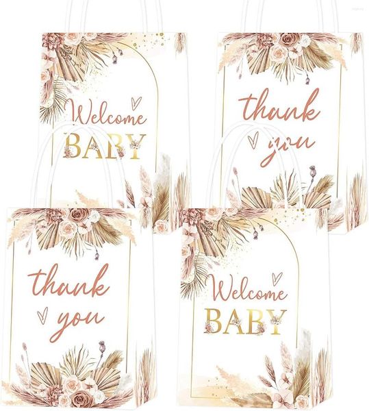 Emballage Cadeau Jollyboom 16 Pcs Boho Floral Party Favor Sacs Avec Poignée Pampas Herbe Bonbons Goodie Sac En Papier Pour Les Filles Baby Shower Supplies