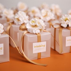 Gift Wrap Kotak Permen Bening Transparan dengan Pita Bunga Buatan Suvenir Pernikahan untuk Tamu Matte Dragees Coklat Baptis 230427