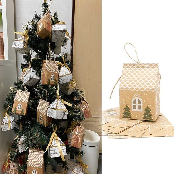 Emballage cadeau Kraft papier forme de maison avec des cordes sacs de bonbons boîtes d'emballage de biscuits arbre de noël pendentif décor de fêteemballage cadeaucadeau