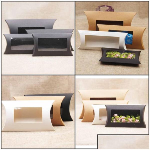 Envoltura de regalo Caja de almohada Kraft con ventana de PVC transparente Negro Marrón Blanco Forma Jabón de caramelo hecho a mano Empaquetado 255 N2 Entrega directa Inicio Gar Dhoqd