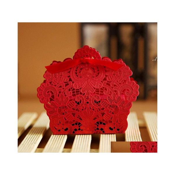 Emballage cadeau découpé au laser creux dentelle fleur blanc or rouge boîte de bonbons bonbons de fête de mariage faveur faveurs boîtes Rrd11381 Drop Delivery Home Otuoi