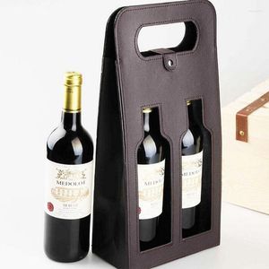 Emballage cadeau de luxe Portable en cuir PU Double évider bouteille de vin rouge sac fourre-tout étui d'emballage boîtes de rangement avec poignée