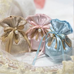 Envoltura de regalo Terciopelo de lujo Bolsa de dulces de boda Bolsa de gama alta para joyería Cajas de bautismo de gragea con perla