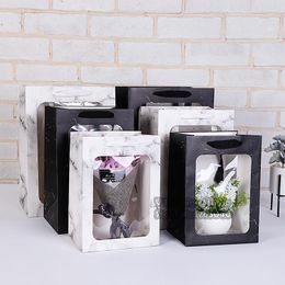 Papel de regalo Diseño de mármol Bolso de papel Blanco transparente Ventana de PVC Bolsa plástica Embalaje de flores Bolsas de exhibición 100 unids / lote