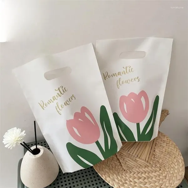 Emballage cadeau Mat Bouche plate Sac en plastique Tulipe Bijoux imprimés Emballage pour petites entreprises 50pcs / lot
