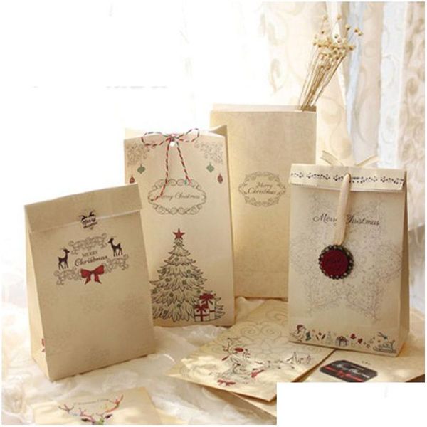 Envoltura de regalo Bolsas de Feliz Navidad Bolsa de golosinas de papel Kraft para favor de fiesta Kawaii Pan Envasado de alimentos LZ0649 Entrega de gota Home Garde Dh5Nh