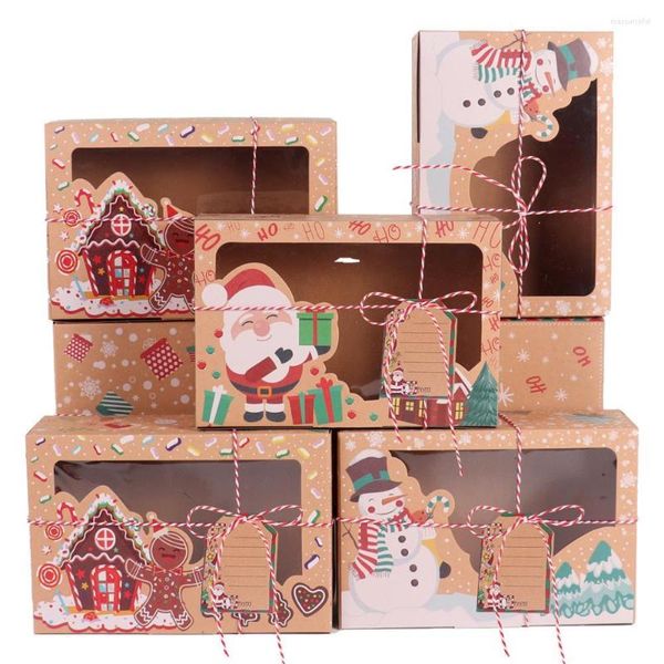 Papel de regalo Feliz Navidad Caja de galletas Papel Kraft Cajas de dulces Bolsas Año Ventana transparente Bolsa de embalaje Decoración Regalos de Navidad