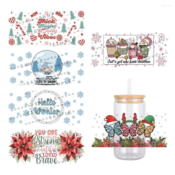 Envoltura de regalo Feliz Navidad Flores Diseño UV DTF Transferencia Etiqueta Transferencias impermeables Calcomanías para pegatinas de taza de vidrio de 16 oz