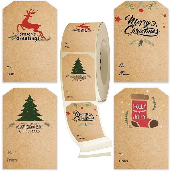 Emballage cadeau joyeux noël étiquettes autocollant papier Kraft manuscrit nom arbre wapiti étiquette bricolage fête Scrapbook 5 7.5 cm 300 pièces