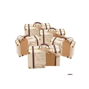 Gift Wrap Mini Koffer Gunst Doos Snoep Zak Vintage Kraftpapier Met Tags Jute Touw Voor Bruiloft Reizen Themafeest Bruidsdouche Dh9Ca