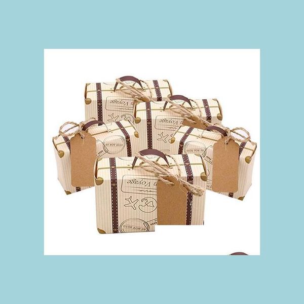 Envoltura de regalo Mini maleta Caja de favor Bolsa de dulces Papel Kraft vintage con etiquetas Guita de arpillera para viajes Fiesta temática Ducha nupcial DHSFE