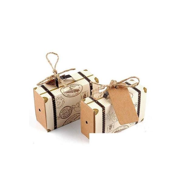 Envoltura de regalo Mini maleta Caja de regalo Caramelo Bolsa de regalo Papel Kraft vintage con etiqueta Guita de arpillera para boda Fiesta temática de viaje Nupcial Dh4H7