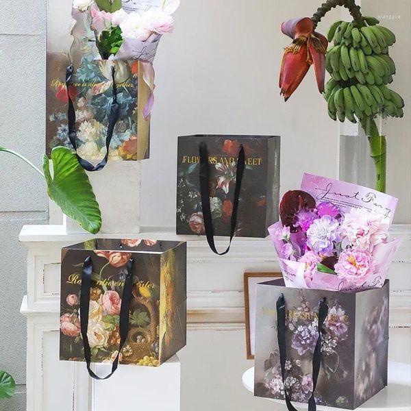 Envoltura de regalo Pintura al óleo Serie retro Bolsa de embalaje Bolso floral en relieve Floristería Arte