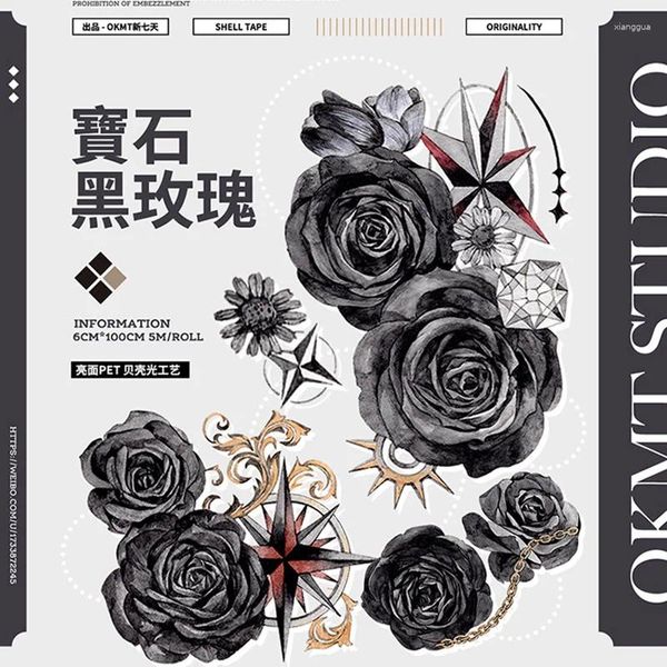 Cadeau Wrap OKMT Black Rose Vintage Flower Masking Tape Washi / PET Autocollants Scrapbooking Fournitures Journaling Décoratif 6cmX5M