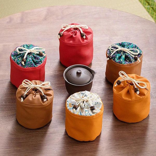 Envoltura de regalo Viaje al aire libre Teaware Bolsa de almacenamiento Bolsa PU Cuero Taza de té Titular de agua Joyería Taza de té Cordón