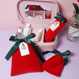 Geschenkomschakeling Verpakkingszakken Flanel Red Drawring Pouch Bruiloft Sieraden Kleine verpakkingszakken Huis Zondjesdragen Container Berading Zakje