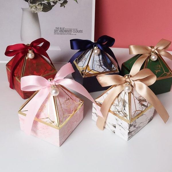 Emballage cadeau boîte en papier pagode forme de diamant boîtes d'emballage d'anniversaire faveur de fête de mariage bonbons en marbre doux avec ruban cadeau