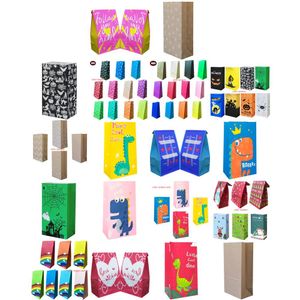 Emballage Cadeau Party Favor Sacs Kraft Papier Sac 13X8X24Cm Noir Halloween Éléments Bless Cartoon Design Dinosaure Bleu Rose Rouge Jaune Fol Otyfc