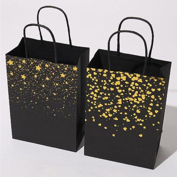 Emballage cadeau PCS Sacs en papier kraft noir avec poignées Gold Star Heart Party Shopping pour anniversaire mariage 15x8x21 cmgift