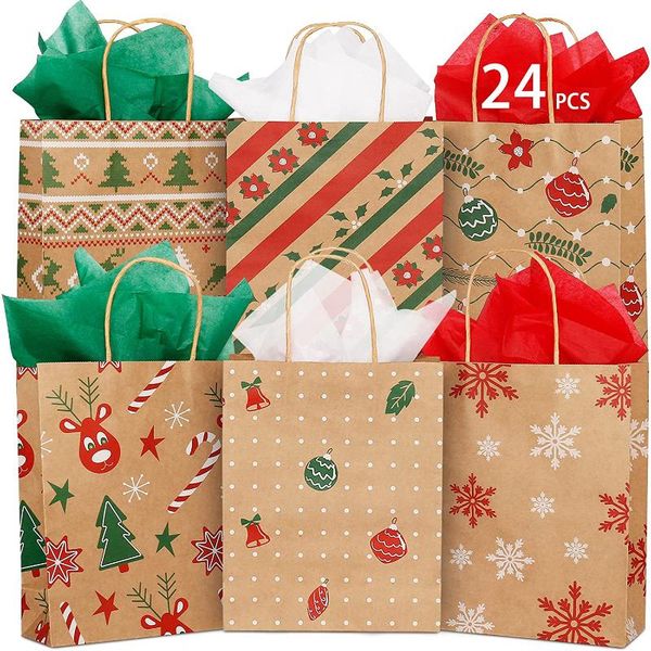 Emballage cadeau PCS Sacs de Noël Kraft Sacs en vrac de taille moyenne avec des impressions assorties / papier de soie / poignée de Noël Party Favors TreatGift