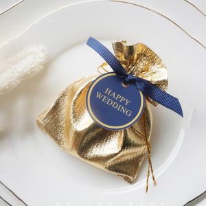 Envoltura de regalo PCS Favores de boda para invitados Bolsas doradas a granel con etiquetas azul marino Eventos de fiesta Ducha nupcial Caja de dulces Decoración de mesa Regalo