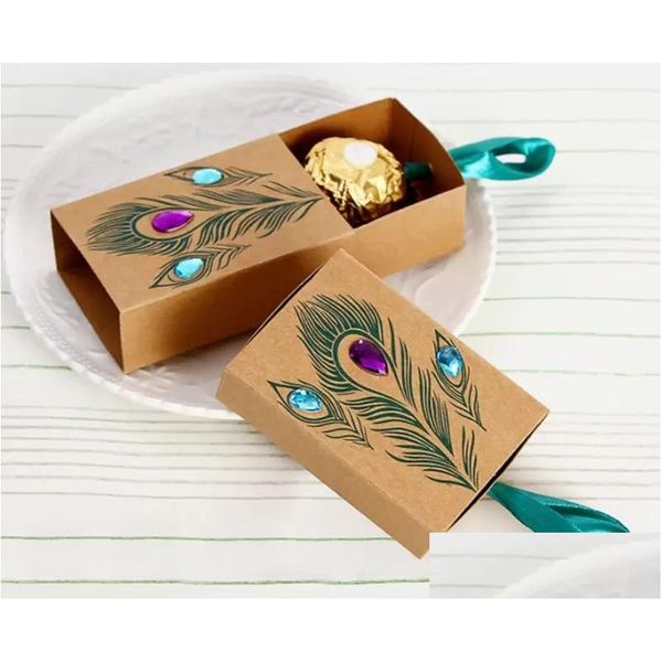 Cadeau Wrap Boîtes de bonbons de plumes de paon Der Design Favorise Faux Strass Kraft Papier Drop Livraison Maison Jardin Fête Fournitures E Dhth5