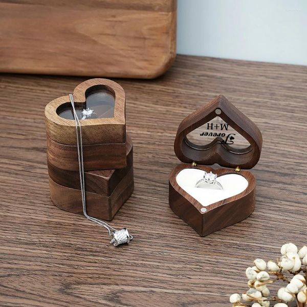 Envoltura de regalo Propuesta personalizada Caja de anillo Boda en forma de corazón Portador de madera Compromiso Par creativo Solo