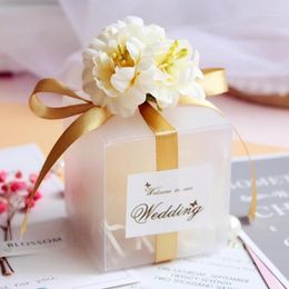 Emballage cadeau en plastique PVC boîte avec ruban et fleurs roses autocollants mariage bonbons boîtes d'emballage fête faveurs décorations1