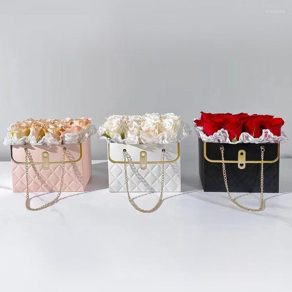 Emballage cadeau Portable luxe chaîne en métal boîte à fleurs sac en papier étanche mariage Rose fête emballage pour bonbons gâteau anniversaire