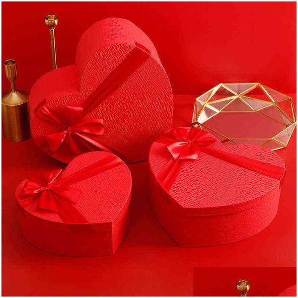 Envoltura de regalo Caja de sombrero de floristería en forma de corazón rojo Conjunto de cajas de dulces Empaquetado del día de San Valentín Flores Regalos Florero de vida H1231 Entrega de gota Ho Dhsrj