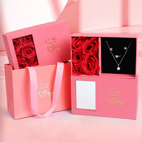 Enveloppe de cadeaux Rose Box Boancs Organisateur Boucles d'oreilles Collier Pendent pour fille pour la fête des mères Valentin I Love You