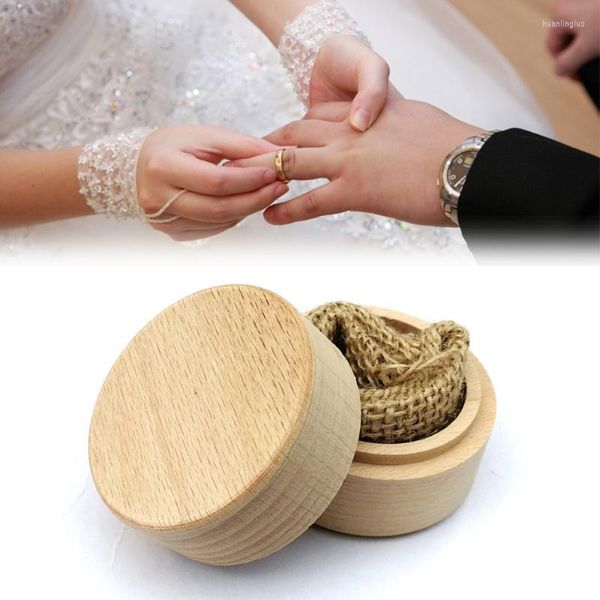 Papel de regalo Caja de anillo de madera rústica Cajas de almacenamiento de boda Grabadora personalizada Madera redonda grabada para