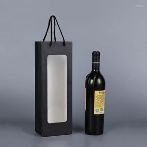 Bolsa de regalo para una sola botella de vino, bolso de papel Kraft con ventana, cerveza translúcida, champán, bebidas, embalaje, bolsillo para fiesta de boda